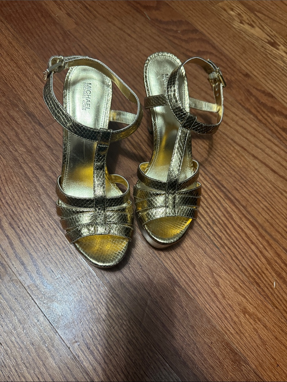 MICHAEL Michael Kors Metallic Gold T-Strap Heels